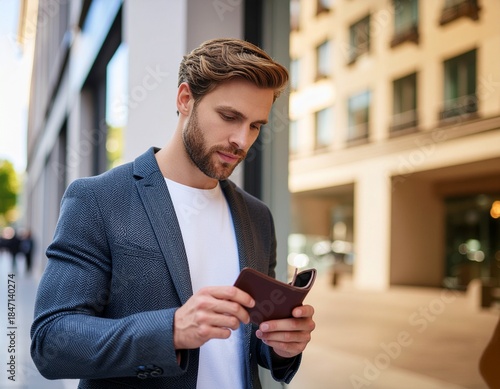 Fotografía realista de una persona revisando su billetera frente a una vitrina de comercio urbano