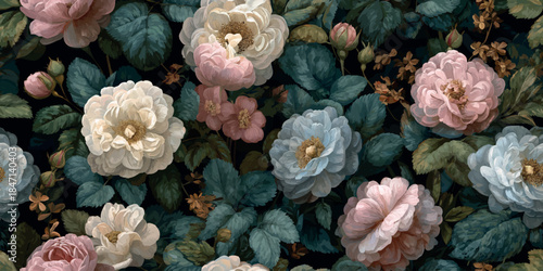 Romantic oil painting style seamless pattern of pink, cream, and pale blue roses on a dark foliage background for luxurious fabrics, dramatic wallpapers, or elegant packaging