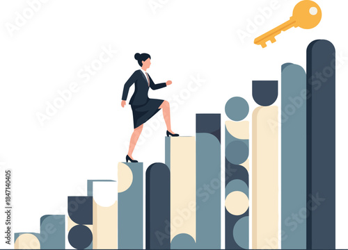 A determined businesswoman climbs a graph, symbolizing progress and achievement. Modern, professional illustration with a key motif. Bright, optimistic, and visually engaging.