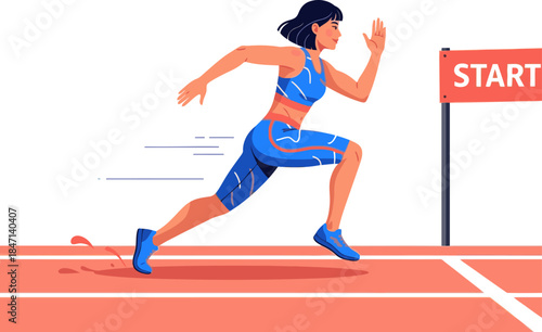 dynamic  athlete sprints towards a starting line conveying speed and determination Bold colors and a modern illustration style create a vibrant energetic image