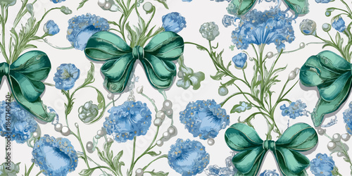 Ornate Art Nouveau style seamless pattern featuring stylized blue flowers, teal ribbons, and white pearl accents for elegant fabrics, high-end packaging, or stationery