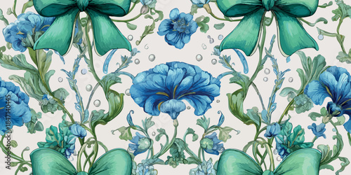 Ornate Art Nouveau style seamless pattern featuring stylized blue flowers, teal ribbons, and white pearl accents for elegant fabrics, high-end packaging, or stationery