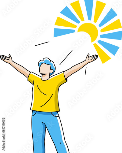 A joyful young man celebrates with arms raised, bathed in sunlight. Vibrant colors and a dynamic pose convey optimism and energy. Perfect for positive and uplifting visuals.