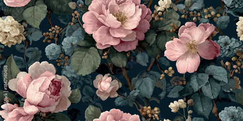 Romantic oil painting style seamless pattern of pink, cream, and pale blue roses on a dark foliage background for luxurious fabrics, dramatic wallpapers, or elegant packaging