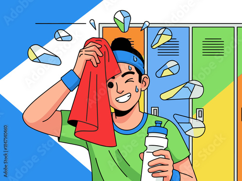 A young man refreshes after a workout, wiping his brow with a towel. He?s smiling and holding a water bottle, showcasing a post-exercise recovery moment. Vibrant colors and a dynamic composition.