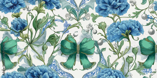 Ornate Art Nouveau style seamless pattern featuring stylized blue flowers, teal ribbons, and white pearl accents for elegant fabrics, high-end packaging, or stationery
