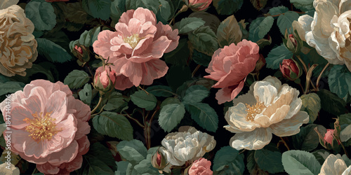 Romantic oil painting style seamless pattern of pink, cream, and pale blue roses on a dark foliage background for luxurious fabrics, dramatic wallpapers, or elegant packaging