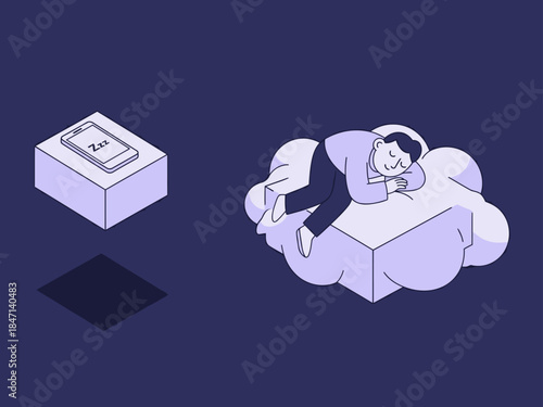 A man sleeps peacefully on a cloud, cradled by a smartphone. Soft, dreamy colors evoke relaxation and digital disconnection. Perfect for wellness and tech themes.