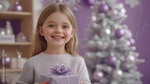 Smiling happy child holding Christmas present, celebrating winter holiday season, receiving gift on festive background with decorated Christmas tree