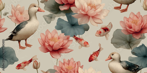 Whimsical watercolor seamless pattern of floating baby ducks, pink water lilies, and goldfish for nursery design, children's fabrics, or nature-themed stationery