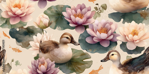 Peaceful watercolor seamless pattern of mallard ducks and pink water lilies floating on a pond for soft fabrics, nursery decor, or gentle stationery