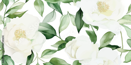 Soft watercolor seamless pattern of white and pale yellow peonies with abstract sage green leaves for elegant textiles, wedding stationery, or luxurious home decor.