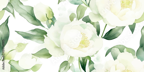 Soft watercolor seamless pattern of white and pale yellow peonies with abstract sage green leaves for elegant textiles, wedding stationery, or luxurious home decor.
