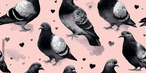 Vintage engraving style seamless pattern of detailed pigeons and soft black hearts on a pink background for romantic stationery, quirky fabrics, or digital use