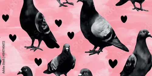 Vintage engraving style seamless pattern of detailed pigeons and soft black hearts on a pink background for romantic stationery, quirky fabrics, or digital use
