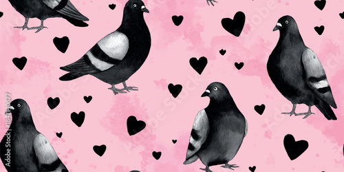 Vintage engraving style seamless pattern of detailed pigeons and soft black hearts on a pink background for romantic stationery, quirky fabrics, or digital use