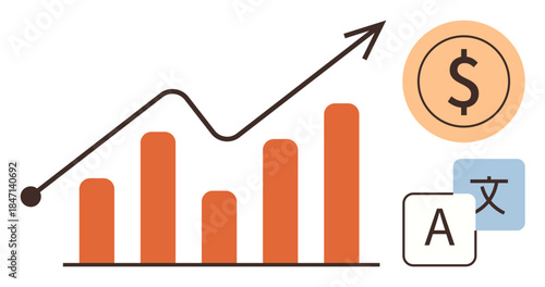 Bar chart with upward trendline, dollar sign coin, and language translation icons. Ideal for business growth, global reach, data analysis, finance, localization marketing communication. Simple flat