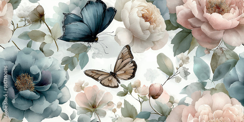 Ethereal seamless pattern with pale pink and muted blue peonies, roses, and detailed butterflies for delicate fabrics, wedding stationery, or luxury home decor
