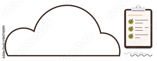Cloud framework alongside a clipboard showcasing task completion checkmarks. Ideal for data management, productivity, workflow, cloud computing, project planning, task organization, simple flat