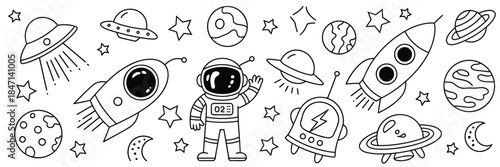 Black and White Doodle of Space Elements Astronaut Rockets Planets and UF Os vector illustration