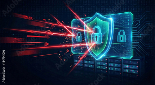 Active cyber defense concept showing a digital shield blocking red laser attacks to protect server infrastructure