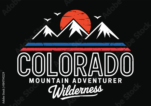 Colorado Mountain Adventurer Wilderness Retro Sunset Design Keywords: Colorado, mountain, adventurer, wilderness, retro, sunset, design, graphic