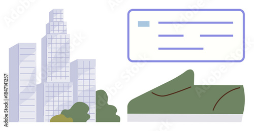 City skyscrapers stand beside abstract digital interface, connecting urban and digital realms. Ideal for tech, business, communication, innovation, city life, modernity, digital transformation