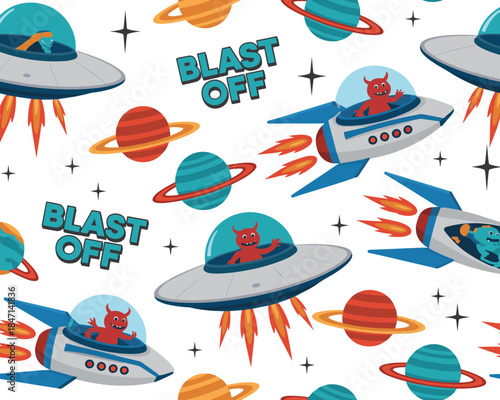 Seamless Pattern of Cartoon Aliens in Flying Saucers and Rockets with Planets and Text vector illustration