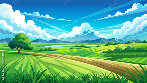 Panoramic landscape of a wide green grass field stretching beneath a bright blue sky filled with soft white clouds, capturing a fresh, open, and peaceful natural atmosphere