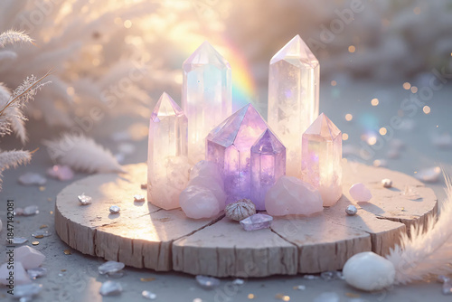 Divine crystal healing altar with amethyst and clear quartz in holy rainbow light - AI generated