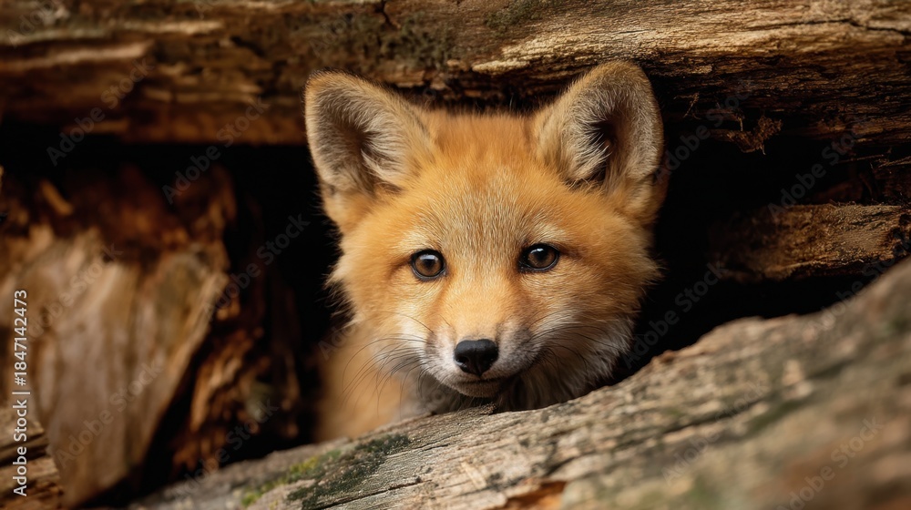 Obraz premium A young fox looks out from behind a pile of logs in a forest. The animal appears curious and alert with bright eyes and a soft coat. Sunlight filters through the trees.