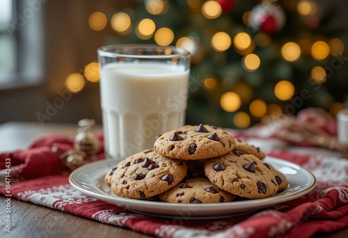 Classic “Cookies for Santa” setup — a plate of chocolate chip cookies, glass of milk, warm glowing Christmas tree bokeh.