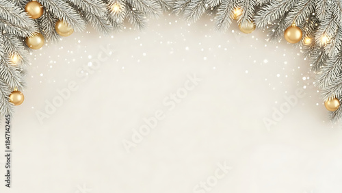 Festive Christmas Ornaments and Snow-Covered Pine Branches on Light Background, Holiday Decoration, Top View