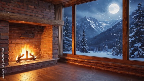 Warm fire inside a cozy cabin with a view of snow-covered mountains and a glowing moon at night