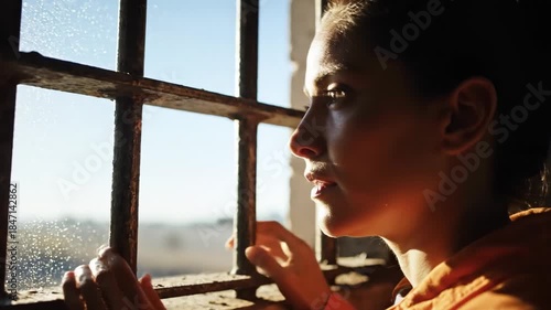 Young woman prisoner wearing orange correctional uniform looking through fenced window in jail cell. Hope concept.