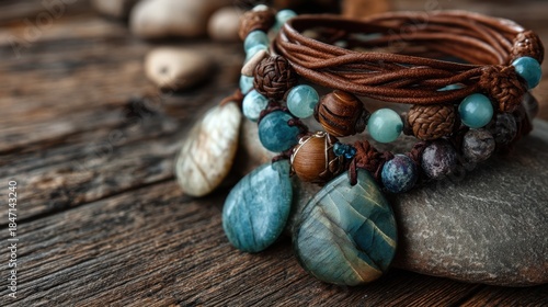 The scene shows multiple handmade bracelets lying on a wooden surface. Stones are arranged nearby. The bracelets feature colorful beads and natural stones.