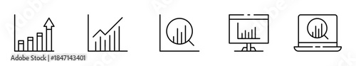 Pack de iconos de análisis de datos. Gráficas crecientes, estadísticas comparativas, análisis con lupa, reporte en monitor y análisis en laptop. Diseño vectorial lineal