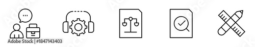 Pack de iconos de servicios profesionales. Usuario con maletín, soporte técnico, documento legal, auditoría aprobada y herramientas creativas. Diseño vectorial lineal