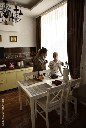 Mother and young daughter standing at dining table in home kitchen with plates of fruit, natural daylight through window, family conversation, everyday parenting moment, domestic lifestyle indoors