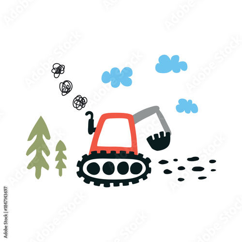 Childish excavator doodle clipart with clouds and fir trees