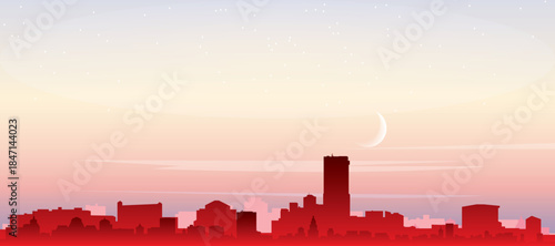 Red panoramic poster of the city skyline with misty background buildings, sunrise, moon and clouds of LOS ANGELES, UNITED STATES