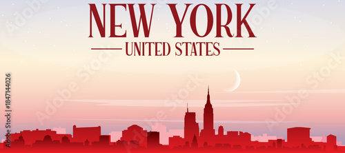 Red panoramic poster of the city skyline with misty background buildings, sunrise, moon and clouds of NEW YORK, UNITED STATES