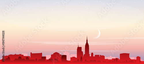Red panoramic poster of the city skyline with misty background buildings, sunrise, moon and clouds of NEW YORK, UNITED STATES