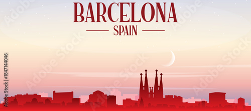 Red panoramic poster of the city skyline with misty background buildings, sunrise, moon and clouds of BARCELONA, SPAIN