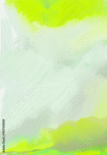 Impressionistic Seascape of Ocean or Lake Shoreline Under Puffy Billowing Clouds in Sky Above - Digital Design, Art, Painting, Illustration, Artwork-In Neon Lemon Yellow & Gray