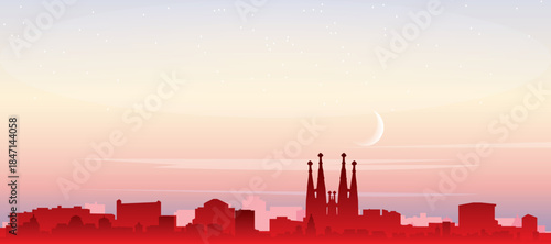 Red panoramic poster of the city skyline with misty background buildings, sunrise, moon and clouds of BARCELONA, SPAIN