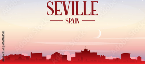 Red panoramic poster of the city skyline with misty background buildings, sunrise, moon and clouds of SEVILLE, SPAIN