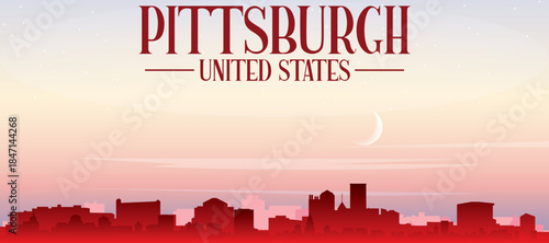 Red panoramic poster of the city skyline with misty background buildings, sunrise, moon and clouds of PITTSBURGH, UNITED STATES