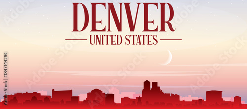 Red panoramic poster of the city skyline with misty background buildings, sunrise, moon and clouds of DENVER, UNITED STATES