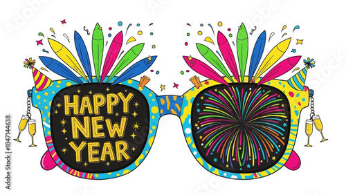 Vibrant Happy New Year celebration with colorful glasses